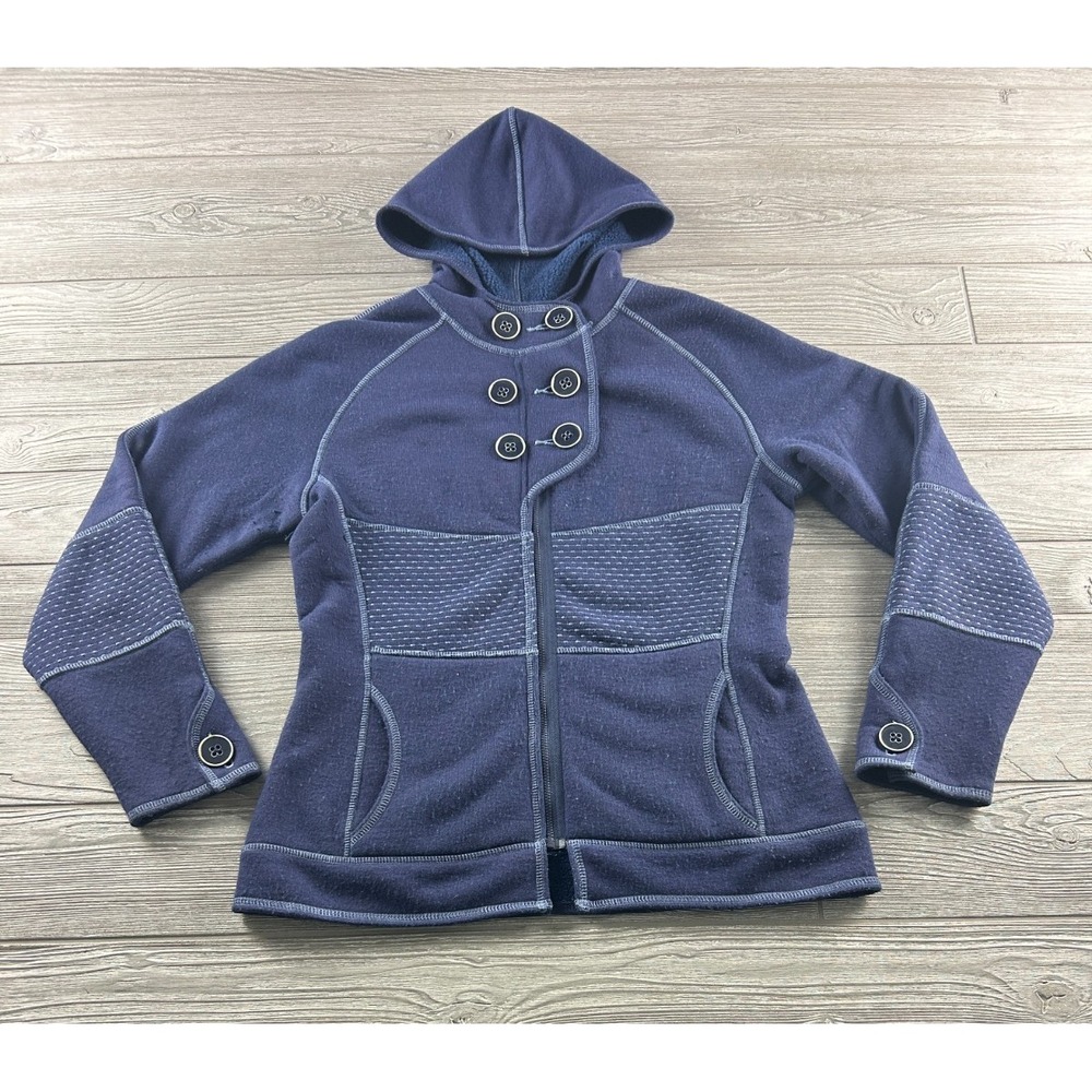 Title Nine Full Zip Hooded Jacket Navy Blue Wool Blend Fleece Womens Size Medium